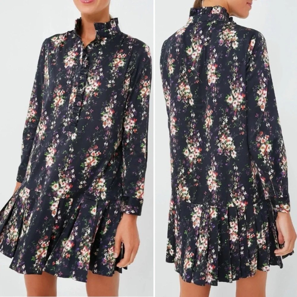 Tuckernuck Tate Dress Onyx Falling Flowers Bouquet Floral Ruffle Pleated Hem 3XL - Picture 2 of 11